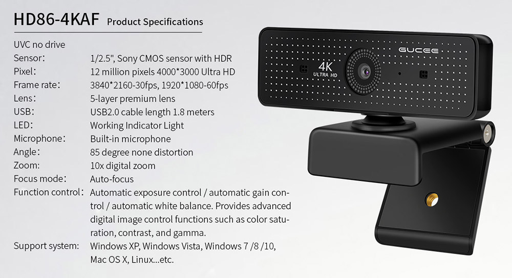 GUCEE HD86-4KAF Webcam, 4K Ultra HD, Auto Focus, 10x Digital Zoom, Built-in Microphone, High-speed 60F/S - EU Plug