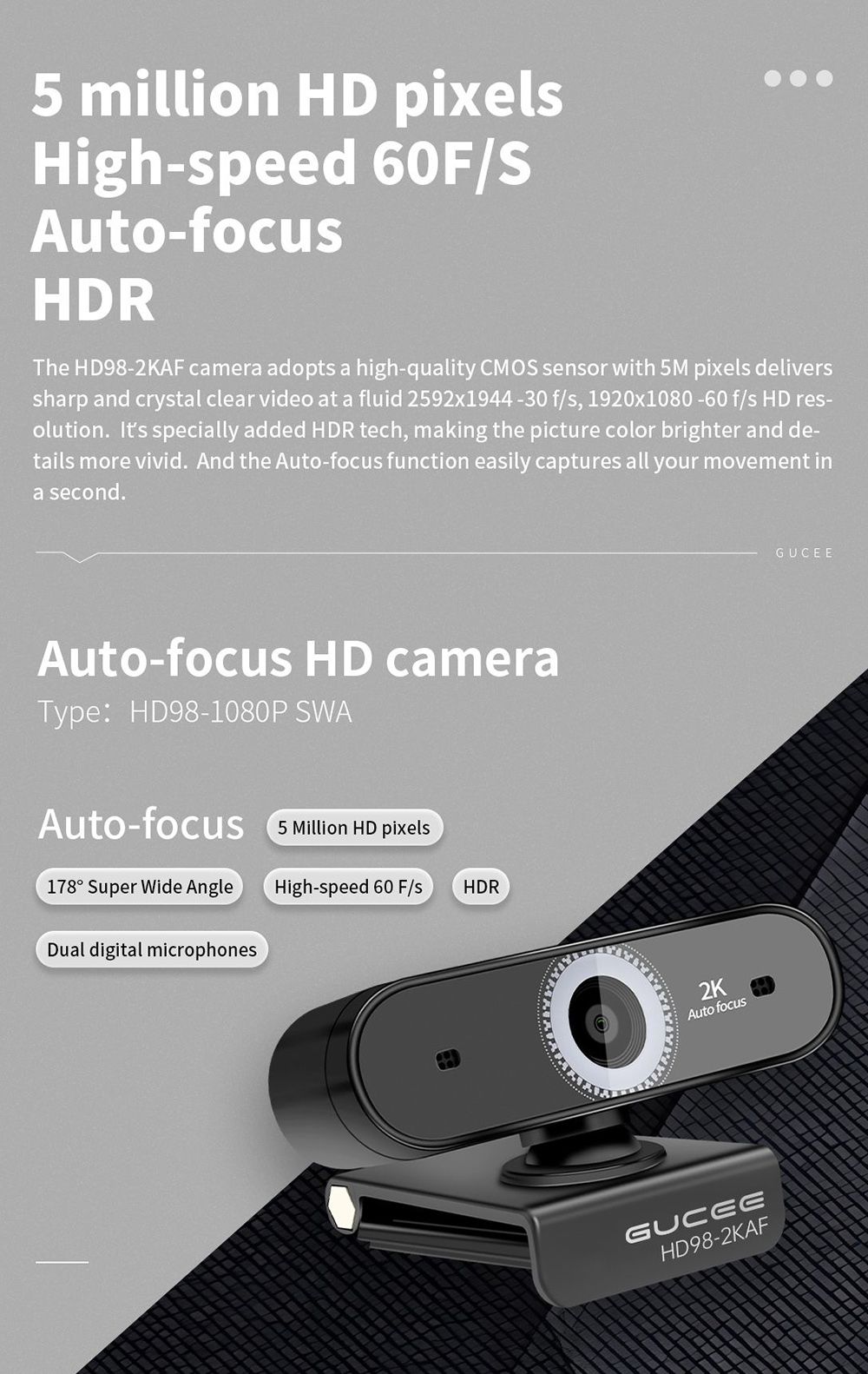 GUCEE HD98-2KAF Webcam, 2K Ultra HD, Auto Focus, High-speed 60F/S, 10x Digital Zoom, Dual Microphone - EU Plug