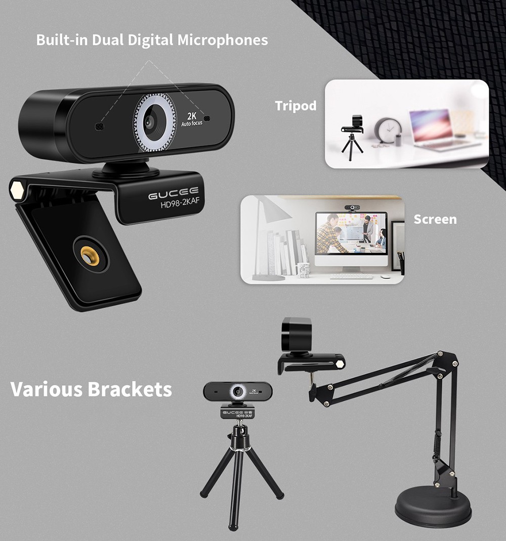 GUCEE HD98-2KAF Webcam, 2K Ultra HD, Auto Focus, High-speed 60F/S, 10x Digital Zoom, Dual Microphone - EU Plug