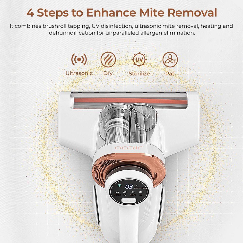 Refurbished JIGOO J300 Dual-Cup Smart Mite Cleaner with 13KPa Suction, Dust Mite Sensor, Metal Brushroll, 55℃ Hot Air