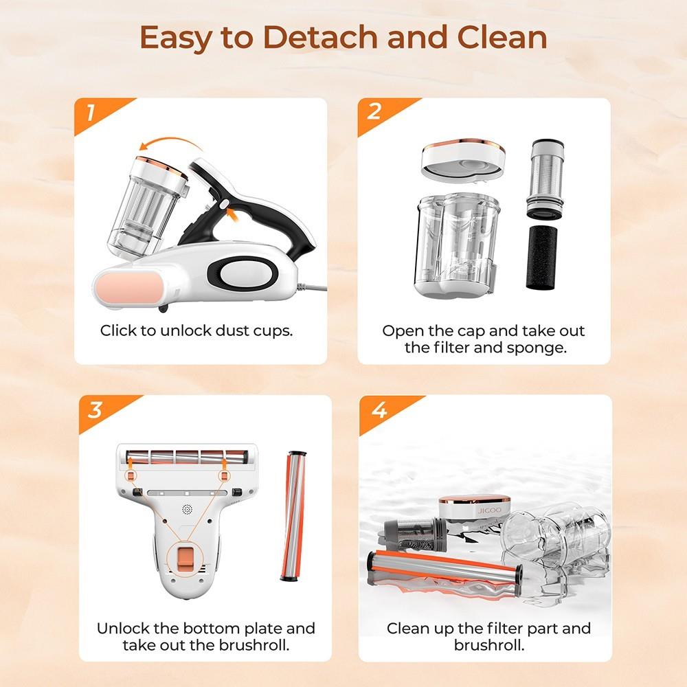Refurbished JIGOO J300 Dual-Cup Smart Mite Cleaner with 13KPa Suction, Dust Mite Sensor, Metal Brushroll, 55℃ Hot Air