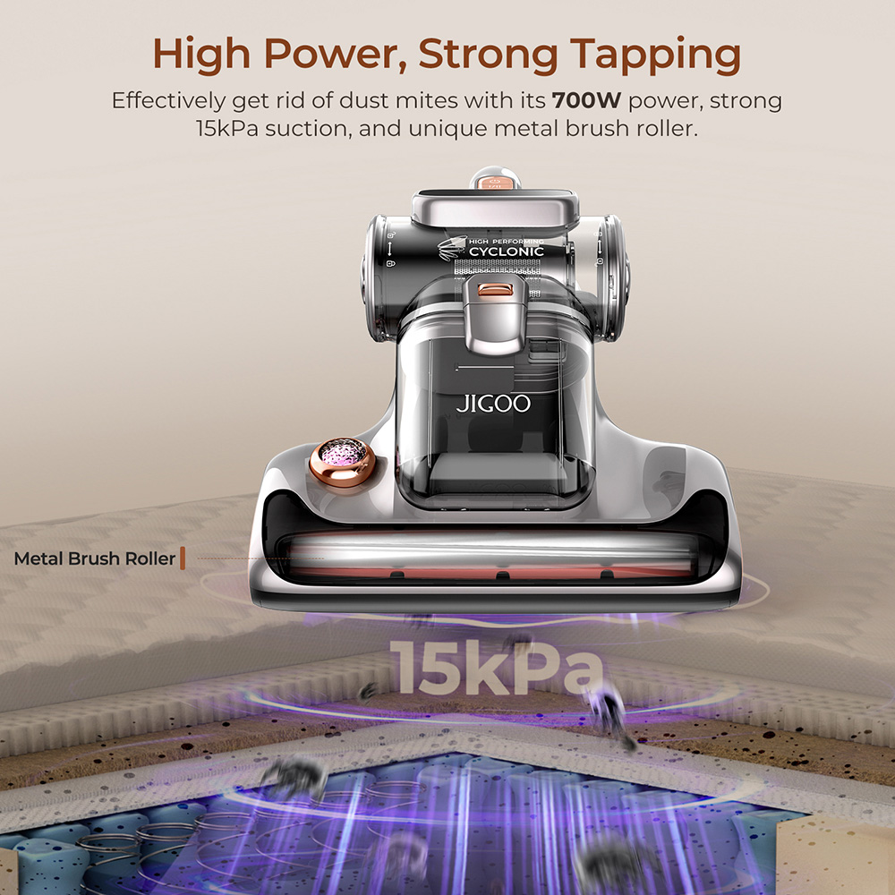 Refurbished JIGOO T600 Bed Mattress Vacuum Cleaner Grey-EU-Dual Cup Design-99.99% Dust Mite Removal with Aroma-Diffused System