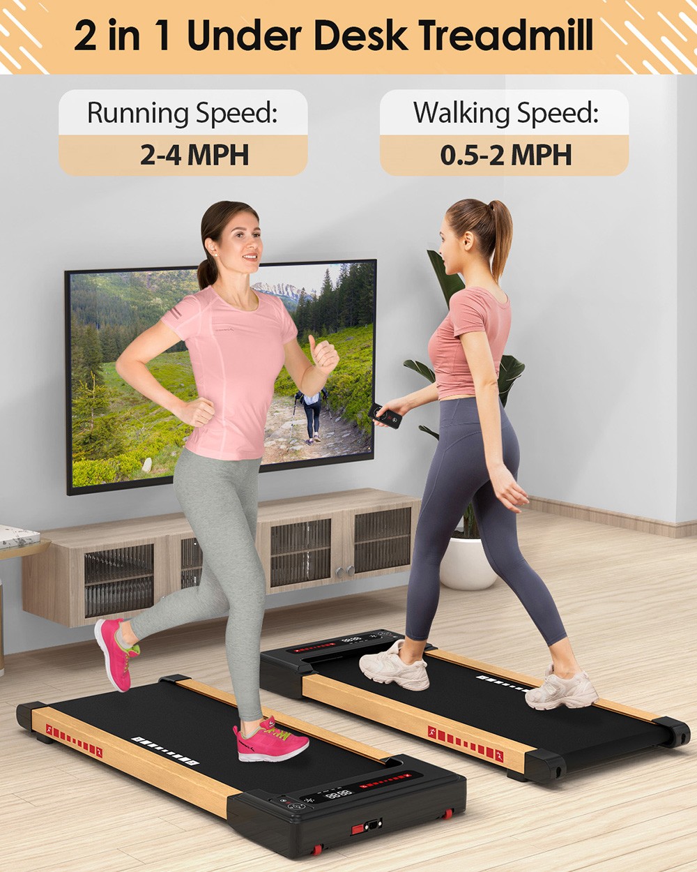 KRD Q20 2 in 1 Under Desk Treadmill, 265lbs Max Weight Capacity, 2.25HP Powerful Motor, 0.5-4MPH Speed Range, <45b Low Noise, LED Display, Remote Control, 4 Shock Absorbers, 8-layer Running Belt, 12 Pre-Set Programs