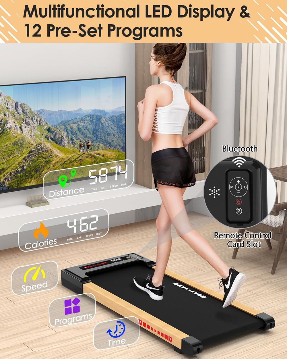 KRD Q20 2 in 1 Under Desk Treadmill, 265lbs Max Weight Capacity, 2.25HP Powerful Motor, 0.5-4MPH Speed Range, <45b Low Noise, LED Display, Remote Control, 4 Shock Absorbers, 8-layer Running Belt, 12 Pre-Set Programs