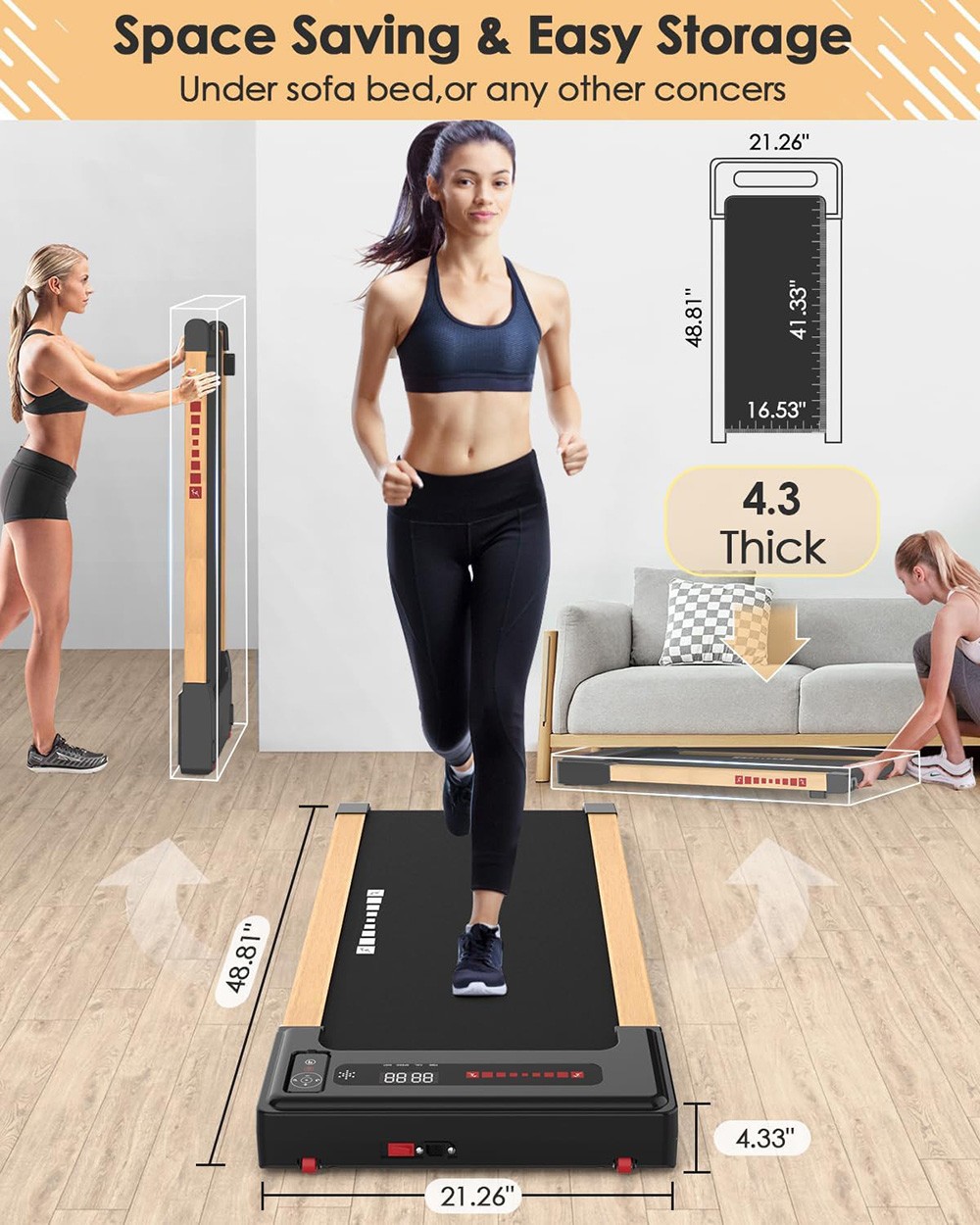 KRD Q20 2 in 1 Under Desk Treadmill, 265lbs Max Weight Capacity, 2.25HP Powerful Motor, 0.5-4MPH Speed Range, <45b Low Noise, LED Display, Remote Control, 4 Shock Absorbers, 8-layer Running Belt, 12 Pre-Set Programs