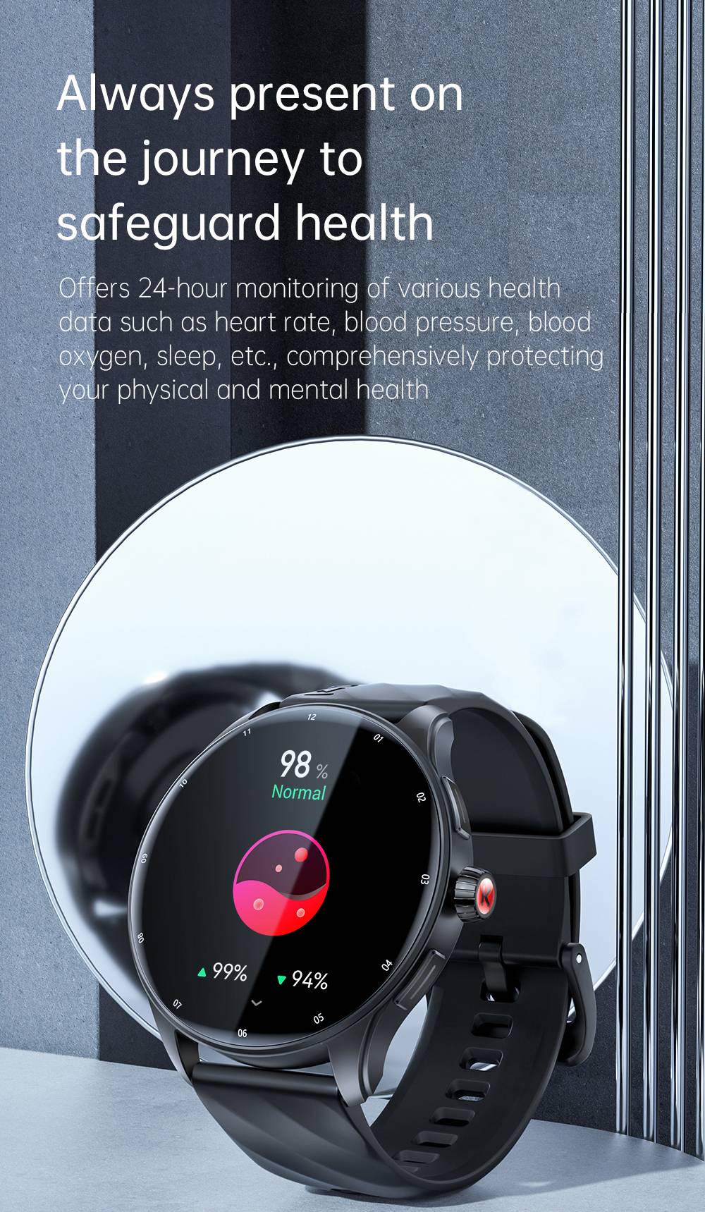 KUMI GW5 Pro Smartwatch Health Tracker, 1.43'' Touch Screen, 100+ Sport Modes, IP68 Waterproof - Black