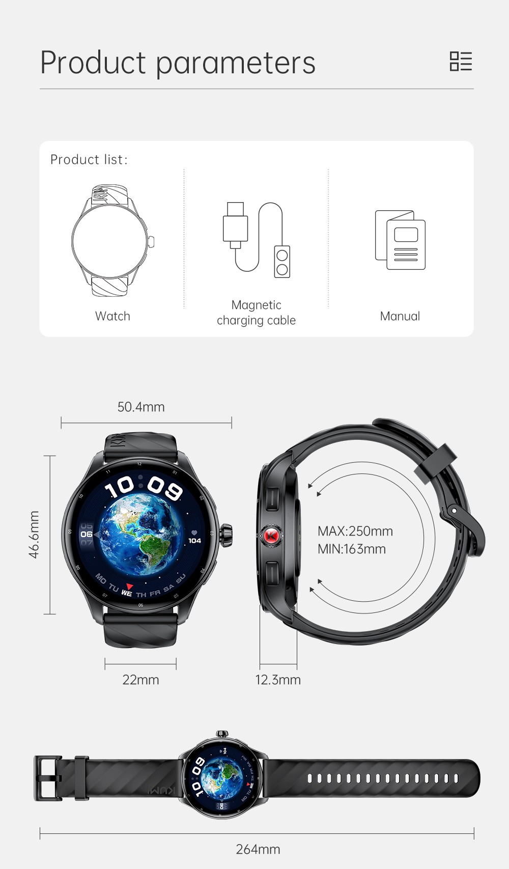 KUMI GW5 Pro Smartwatch Health Tracker, 1.43'' Touch Screen, 100+ Sport Modes, IP68 Waterproof - Silver