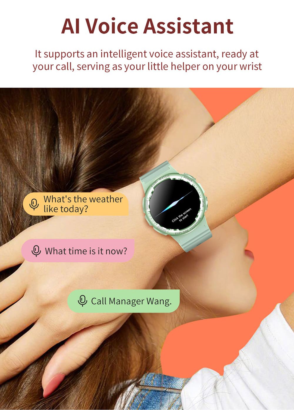 KUMI K6 Smartwatch, 1.3-inch AMOLED Screen, 100+ Sport Modes, 24-hour Health Monitoring, Bluetooth Calling - Green