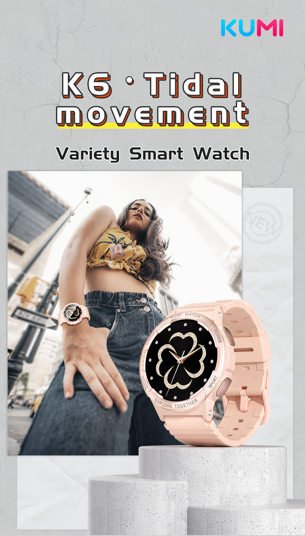 KUMI K6 Smartwatch, 1.3-inch AMOLED Screen, 100+ Sport Modes, 24-hour Health Monitoring, Bluetooth Calling - Pink