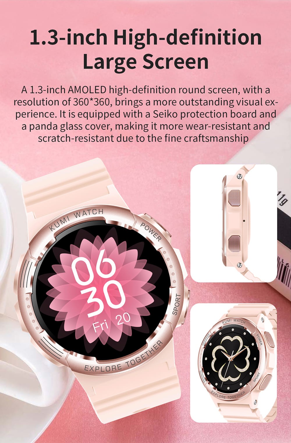 KUMI K6 Smartwatch, 1.3-inch AMOLED Screen, 100+ Sport Modes, 24-hour Health Monitoring, Bluetooth Calling - Pink