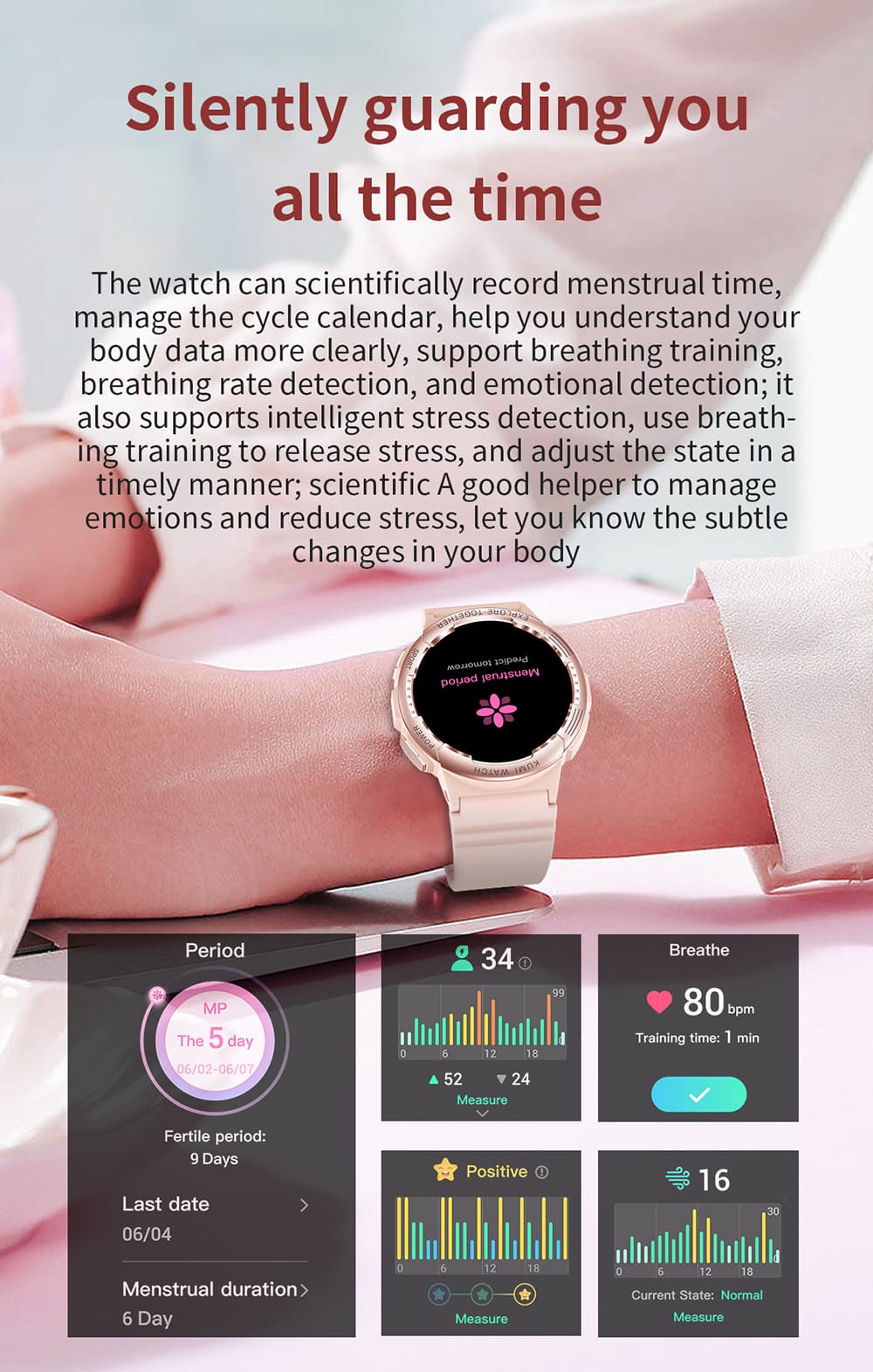 KUMI K6 Smartwatch, 1.3-inch AMOLED Screen, 100+ Sport Modes, 24-hour Health Monitoring, Bluetooth Calling - Pink