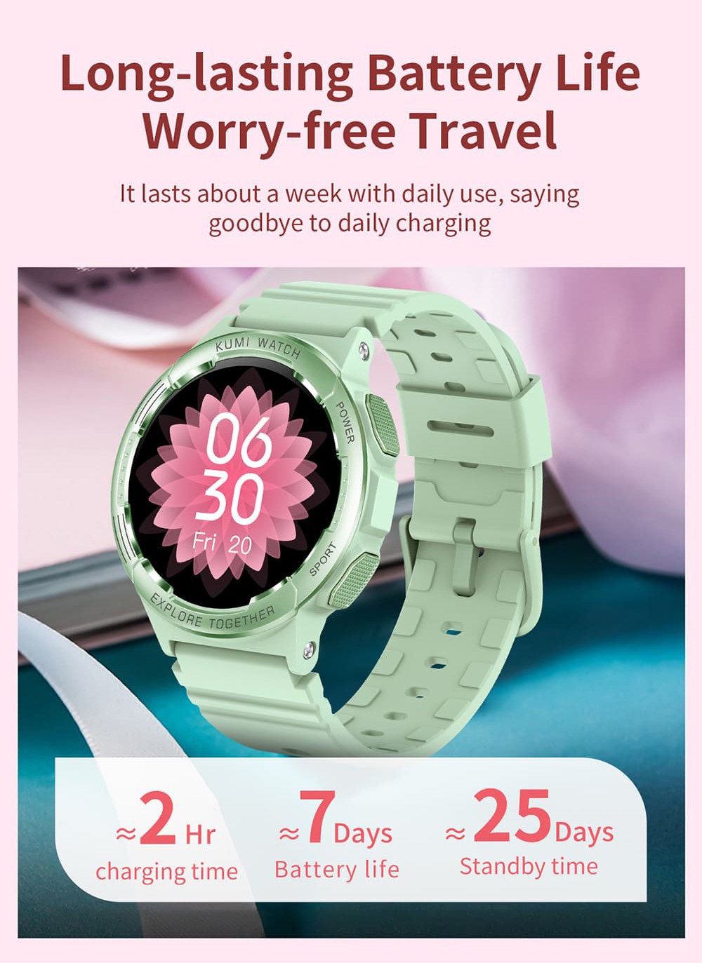 KUMI K6 Smartwatch, 1.3-inch AMOLED Screen, 100+ Sport Modes, 24-hour Health Monitoring, Bluetooth Calling - Pink