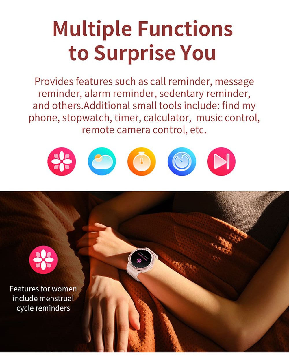 KUMI K6 Smartwatch, 1.3-inch AMOLED Screen, 100+ Sport Modes, 24-hour Health Monitoring, Bluetooth Calling - Pink