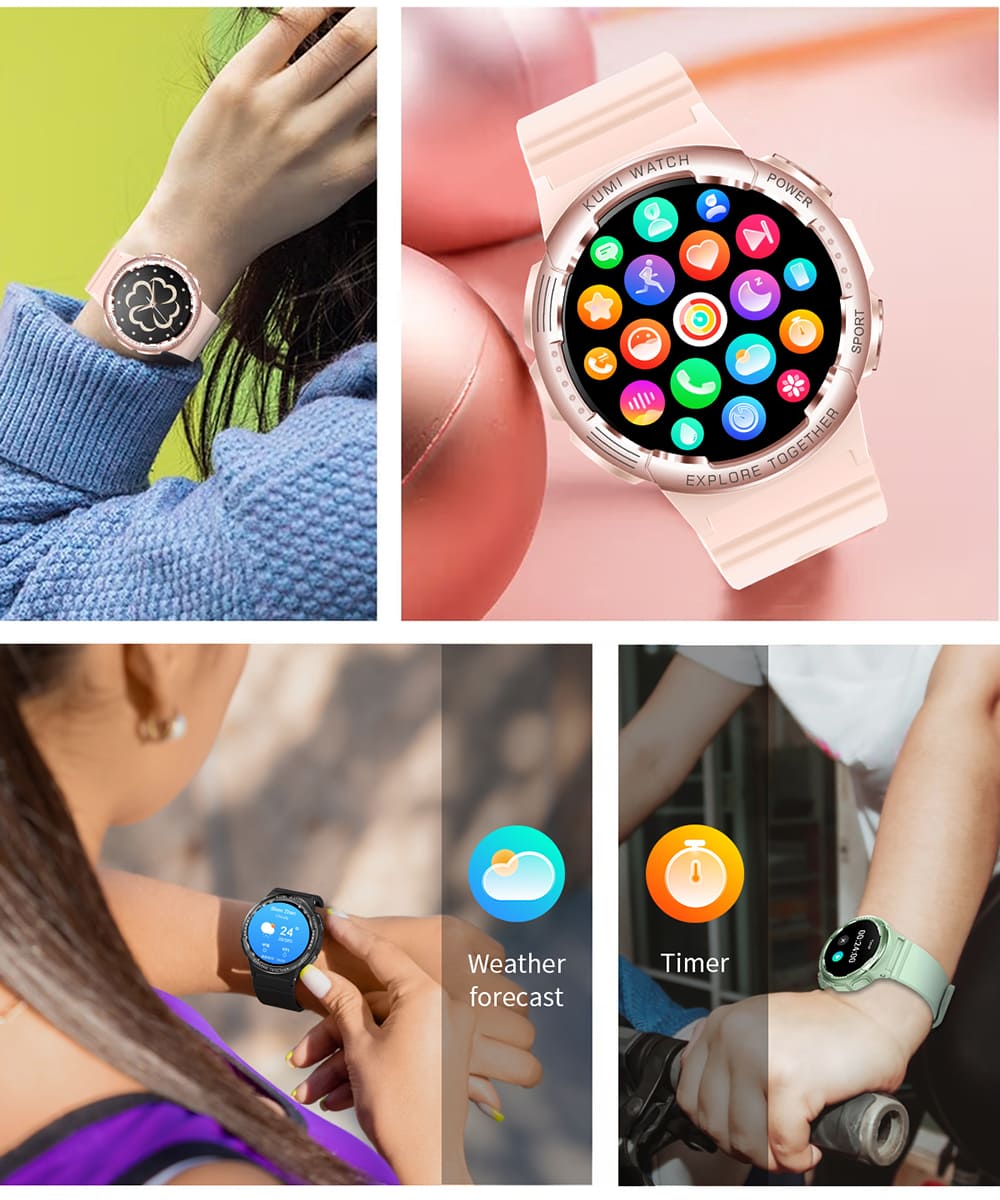 KUMI K6 Smartwatch, 1.3-inch AMOLED Screen, 100+ Sport Modes, 24-hour Health Monitoring, Bluetooth Calling - Pink