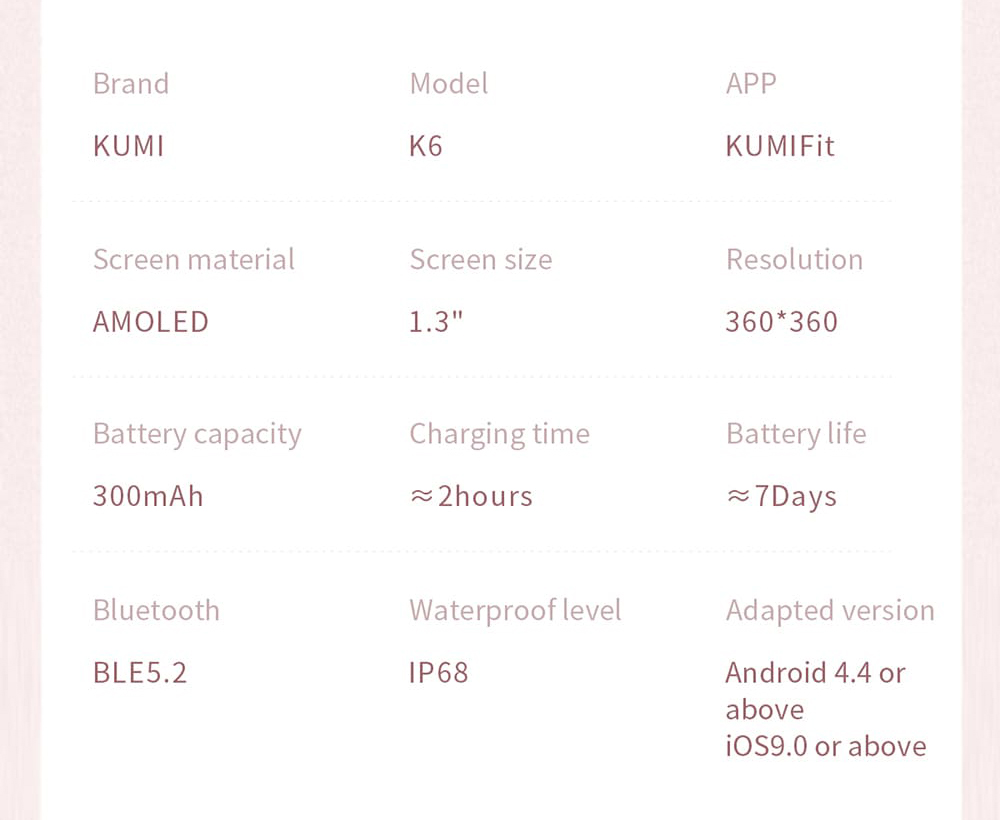 KUMI K6 Smartwatch, 1.3-inch AMOLED Screen, 100+ Sport Modes, 24-hour Health Monitoring, Bluetooth Calling - Pink