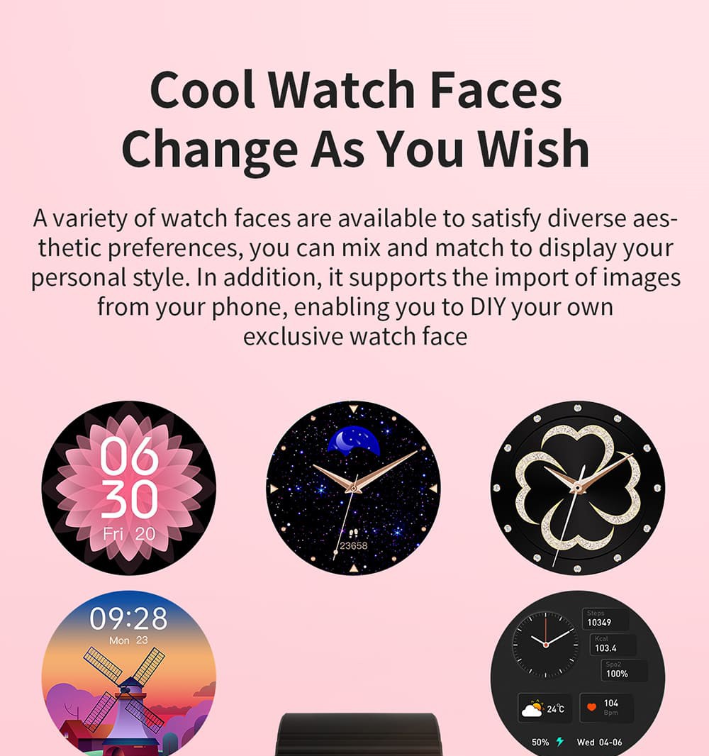 KUMI K6 Smartwatch, 1.3-inch AMOLED Screen, 100+ Sport Modes, 24-hour Health Monitoring, Bluetooth Calling - Pink