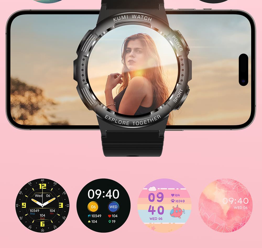 KUMI K6 Smartwatch, 1.3-inch AMOLED Screen, 100+ Sport Modes, 24-hour Health Monitoring, Bluetooth Calling - Pink