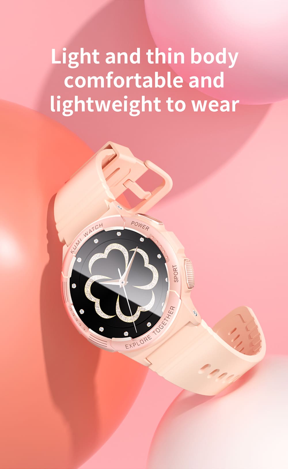 KUMI K6 Smartwatch, 1.3-inch AMOLED Screen, 100+ Sport Modes, 24-hour Health Monitoring, Bluetooth Calling - Pink