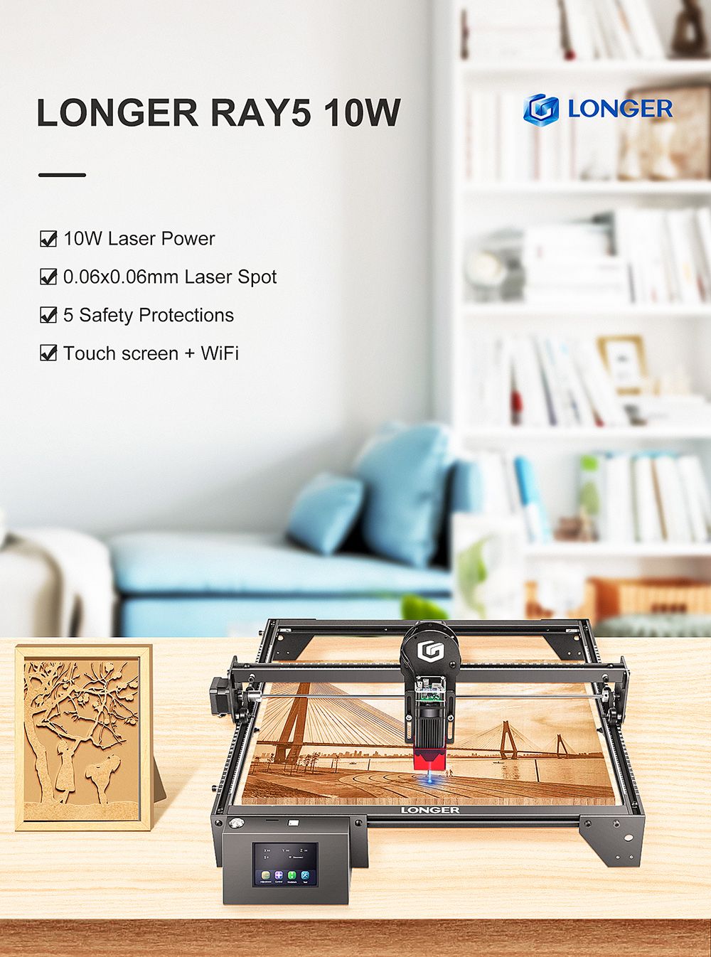 LONGER RAY5 10W Laser Engraver, 0.06x0.06mm Spot, 3.5'' Touch Screen & Offline Carving, 32-Bit Chipset, WiFi Connection, 10000mm/min Max Speed, 400mmx400mm