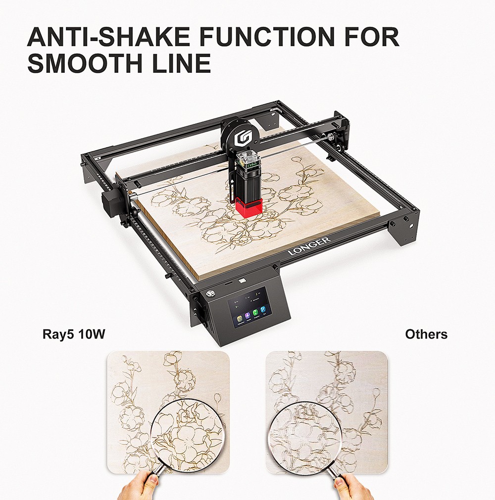 LONGER RAY5 10W Laser Engraver, 0.06x0.06mm Spot, 3.5'' Touch Screen & Offline Carving, 32-Bit Chipset, WiFi Connection, 10000mm/min Max Speed, 400mmx400mm