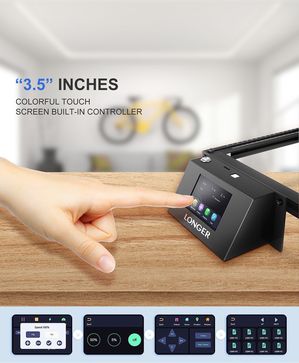 LONGER RAY5 10W Laser Engraver, 0.06x0.06mm Spot, 3.5'' Touch Screen & Offline Carving, 32-Bit Chipset, WiFi Connection, 10000mm/min Max Speed, 400mmx400mm