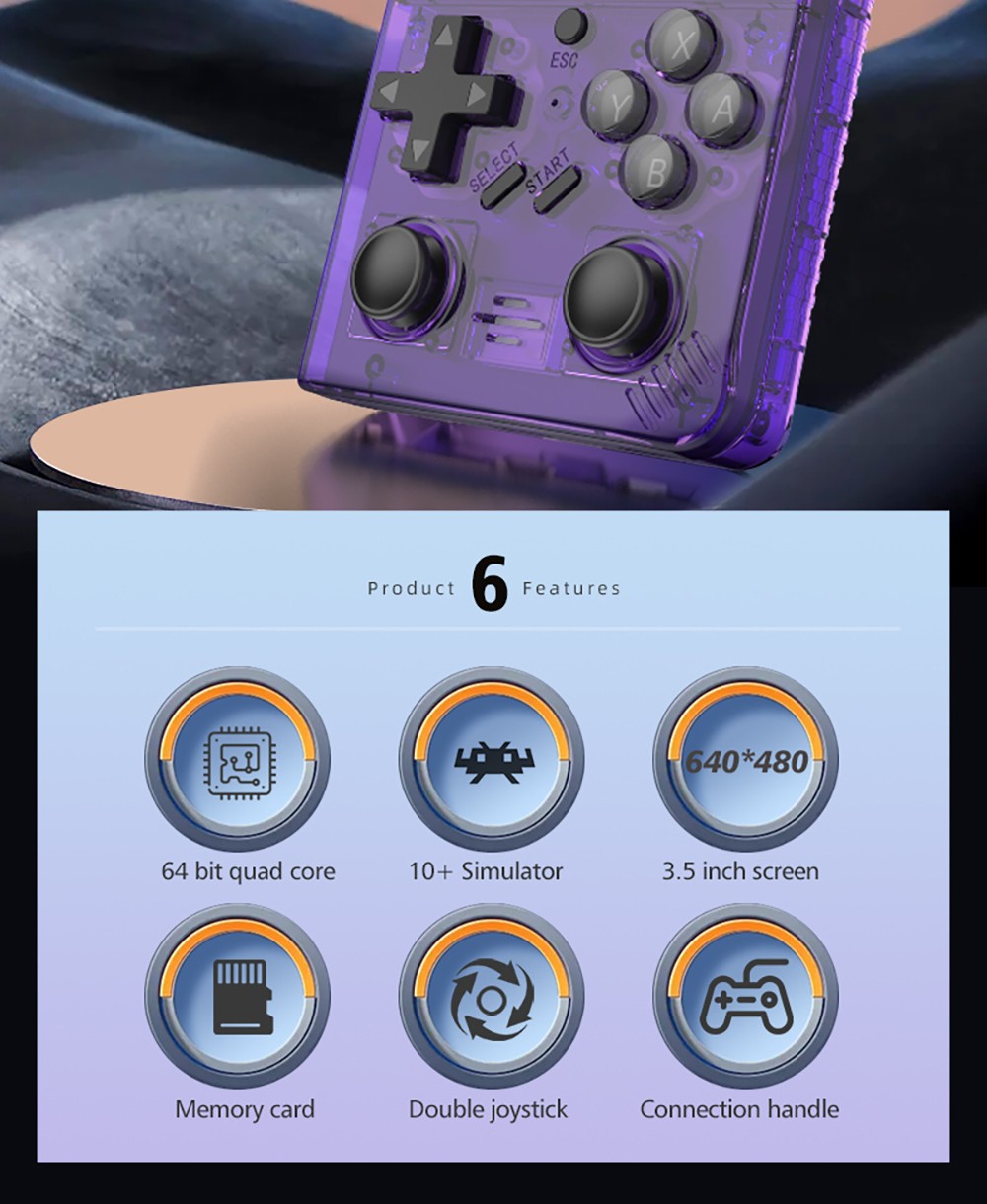 R35 Plus Handheld Game Console, 3.5 Inch 640*480 IPS Screen, Linux System, 64GB TF Card, 3000mAh Battery, 6 Hours of Playtime - Black