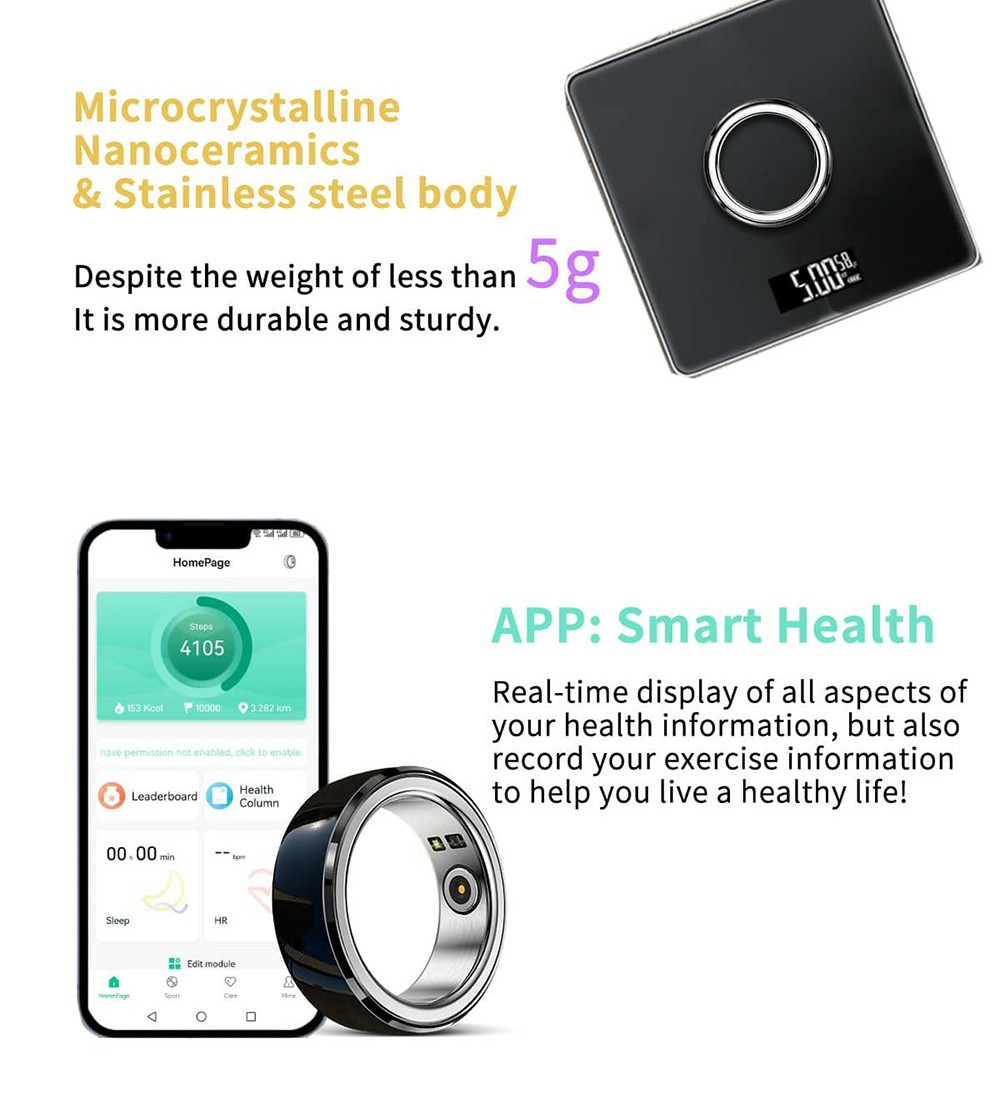 R8 Smart Ring Health Tracker, Heart Rate Body Blood Oxygen Sleep Monitoring, IP68 Waterproof - White, M
