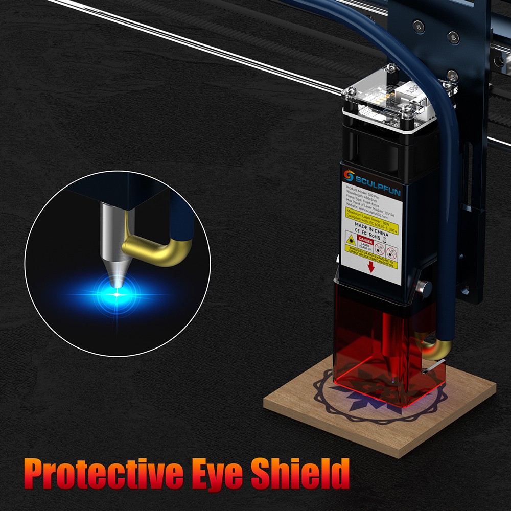 SCULPFUN S30 Pro 10W Laser Engraver Cutter, Automatic Air-assist, 0.06x0.08mm Laser Focus, 32-bit Motherboard, 410x400mm