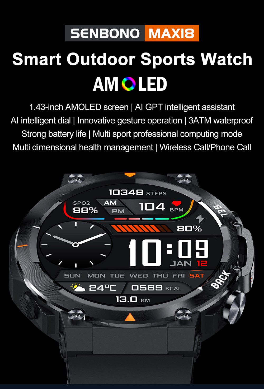 SENBONO MAX18 Smartwatch Health Monitoring Sport Watch, 1.43-inch AMOLED Screen, Al GPT Assistant, Gesture Operation, 3ATM waterproof, 410mAh Battery