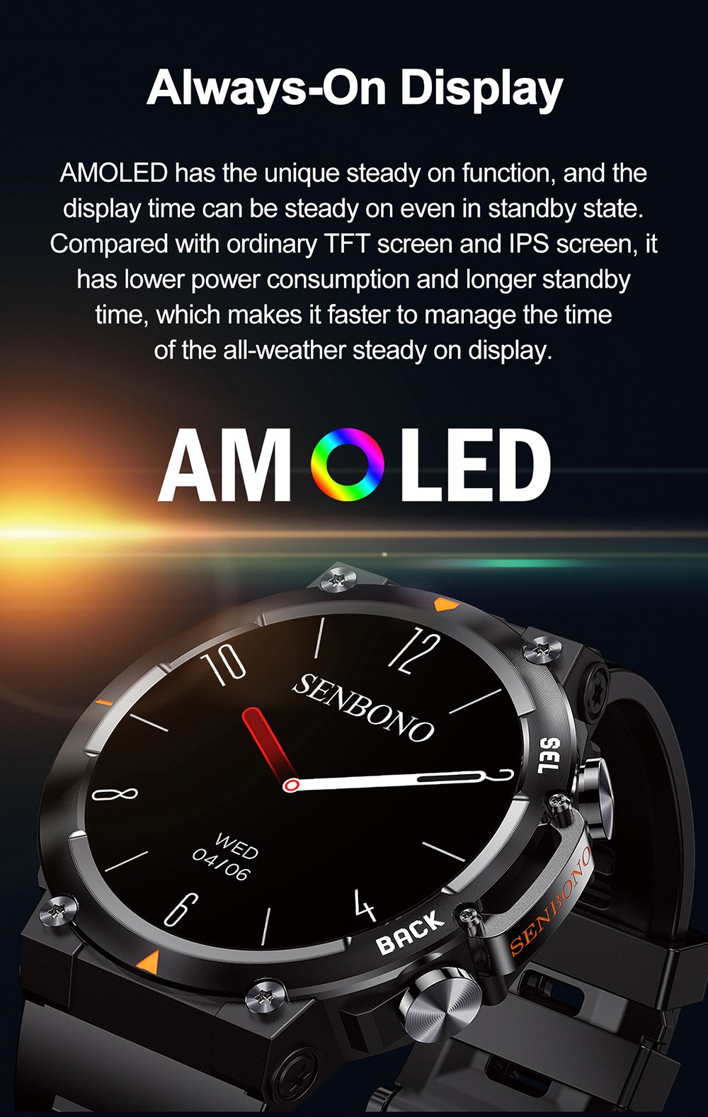 SENBONO MAX18 Smartwatch Health Monitoring Sport Watch, 1.43-inch AMOLED Screen, Al GPT Assistant, Gesture Operation, 3ATM waterproof, 410mAh Battery