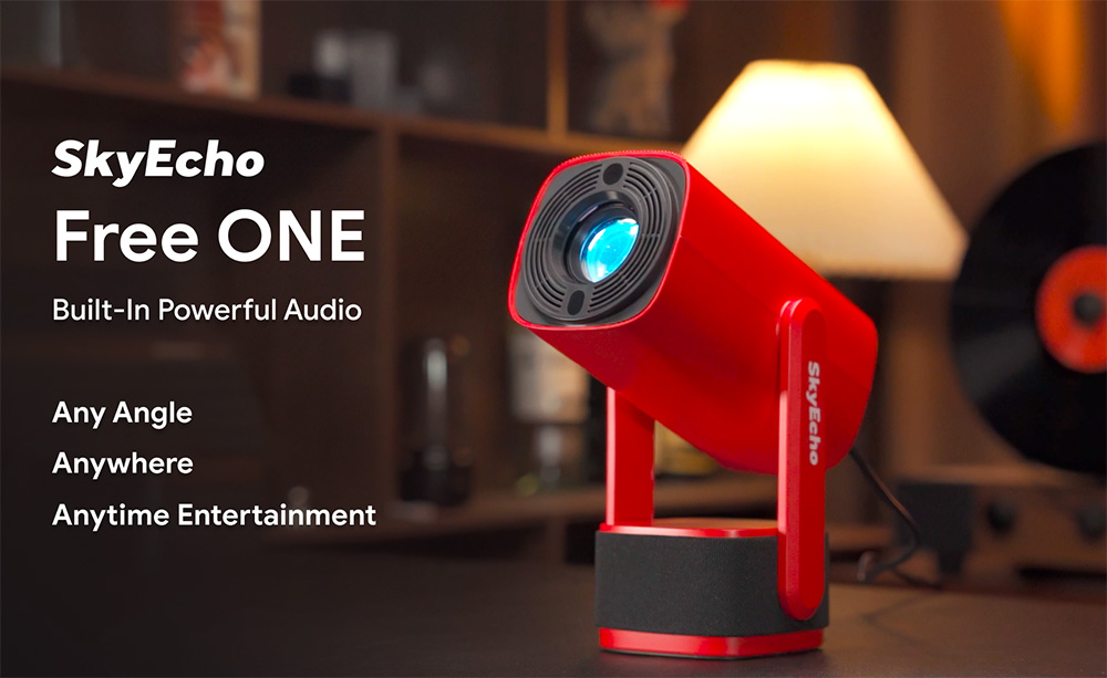 SkyEcho FreeONE Portable Projector, 350 ASNI Lumens, Native 720P, 2*5W Speakers, Auto-Focus, Auto Keystone, 270° Rotation Stand, Android OS - Red, US Plug
