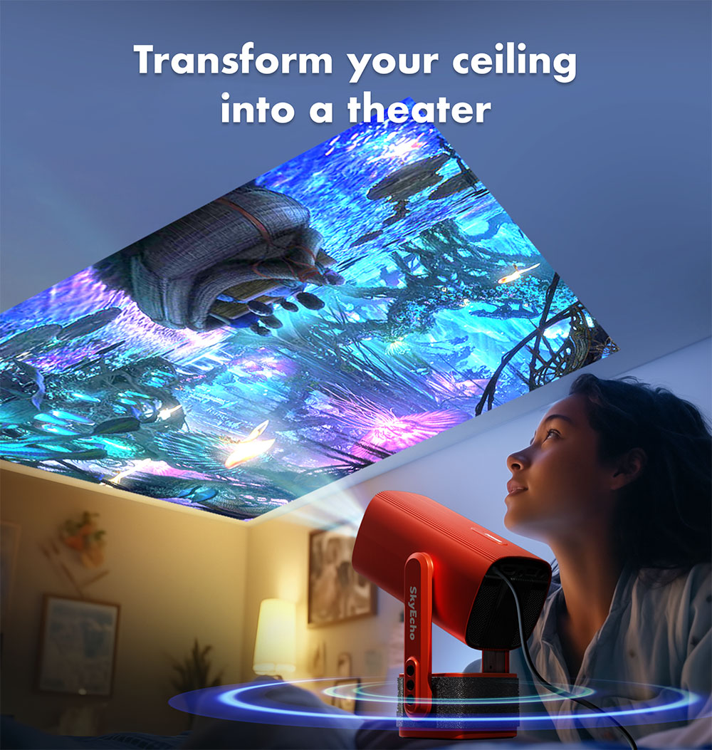 SkyEcho FreeONE Portable Projector, 350 ASNI Lumens, Native 720P, 2*5W Speakers, Auto-Focus, Auto Keystone, 270° Rotation Stand, Android OS - Red, US Plug