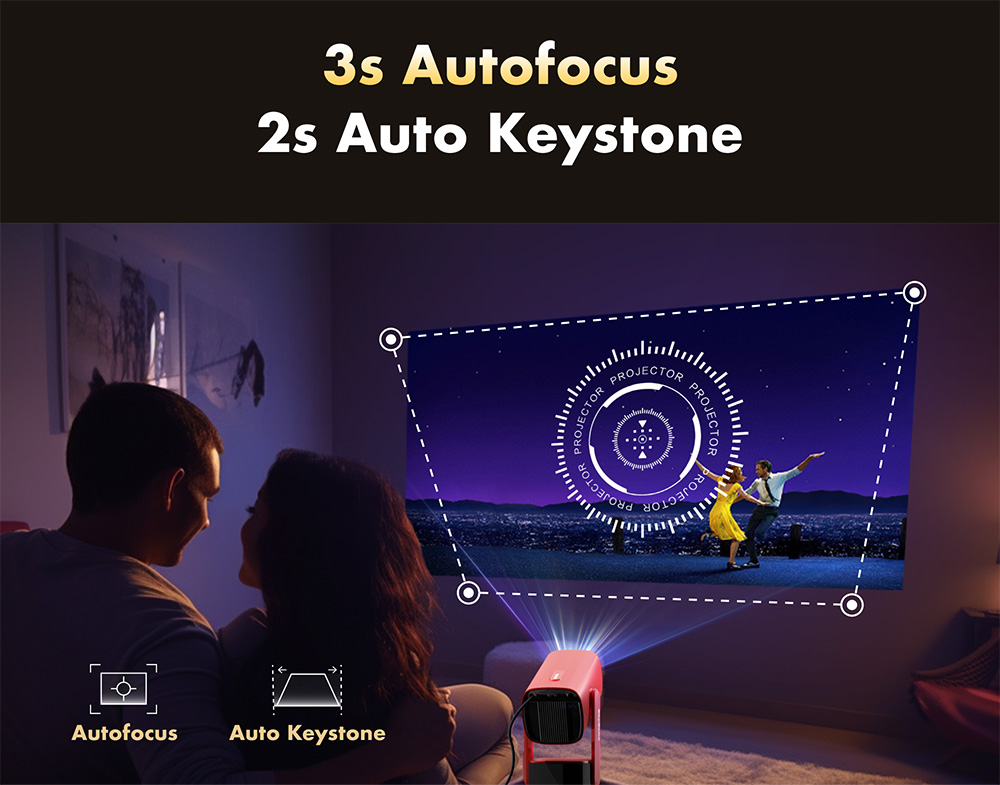 SkyEcho FreeONE Portable Projector, 350 ASNI Lumens, Native 720P, 2*5W Speakers, Auto-Focus, Auto Keystone, 270° Rotation Stand, Android OS - Red, US Plug