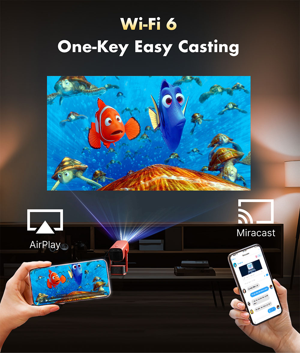 SkyEcho FreeONE Portable Projector, 350 ASNI Lumens, Native 720P, 2*5W Speakers, Auto-Focus, Auto Keystone, 270° Rotation Stand, Android OS - Red, US Plug