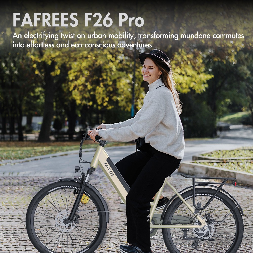 Fafrees F26 Pro City E-Bike 26 Inch Step-through Electric Bicycle 25Km/h 250W Motor 36V 14.5Ah Embedded Removable Battery Shimano 7 Speed Dual Disc Brakes APP Connect - Golden