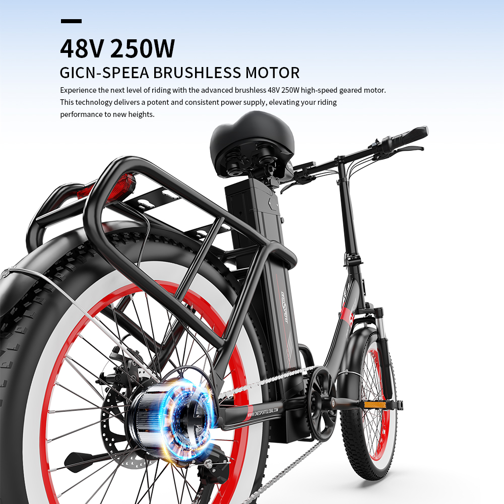 ONESPORT OT16 Upgraded Edition Electric Bike 20*3.0 inch Tires, 48V 17Ah Battery 25km/h Max Speed 3 Riding Modes 7-Speeds Disc Brakes - Black&Red