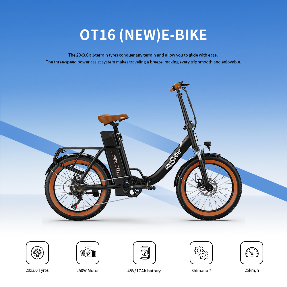 ONESPORT OT16 Upgraded Edition Electric Bike 20*3.0 inch Tires, 48V 17Ah Battery 25km/h Max Speed 3 Riding Modes 7-Speeds Disc Brakes - Black&Brown