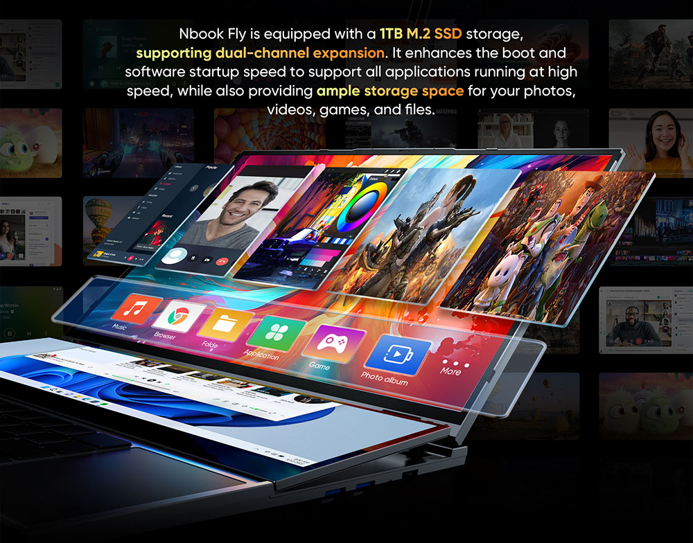 N-one NBook Fly Laptop, 16'' + 14'' Dual IPS Screen, Intel Core i7-10850H 6 Cores Up to 5.0 GHz, 16GB RAM 1TB SSD, Dual-band WiFi Bluetooth 4.2, 1*USB-C 3*USB3.0 1*HDMI 1*RJ45 1*Headphone Jack, 1MP Camera, Backlit Keyboard, 51WH Battery