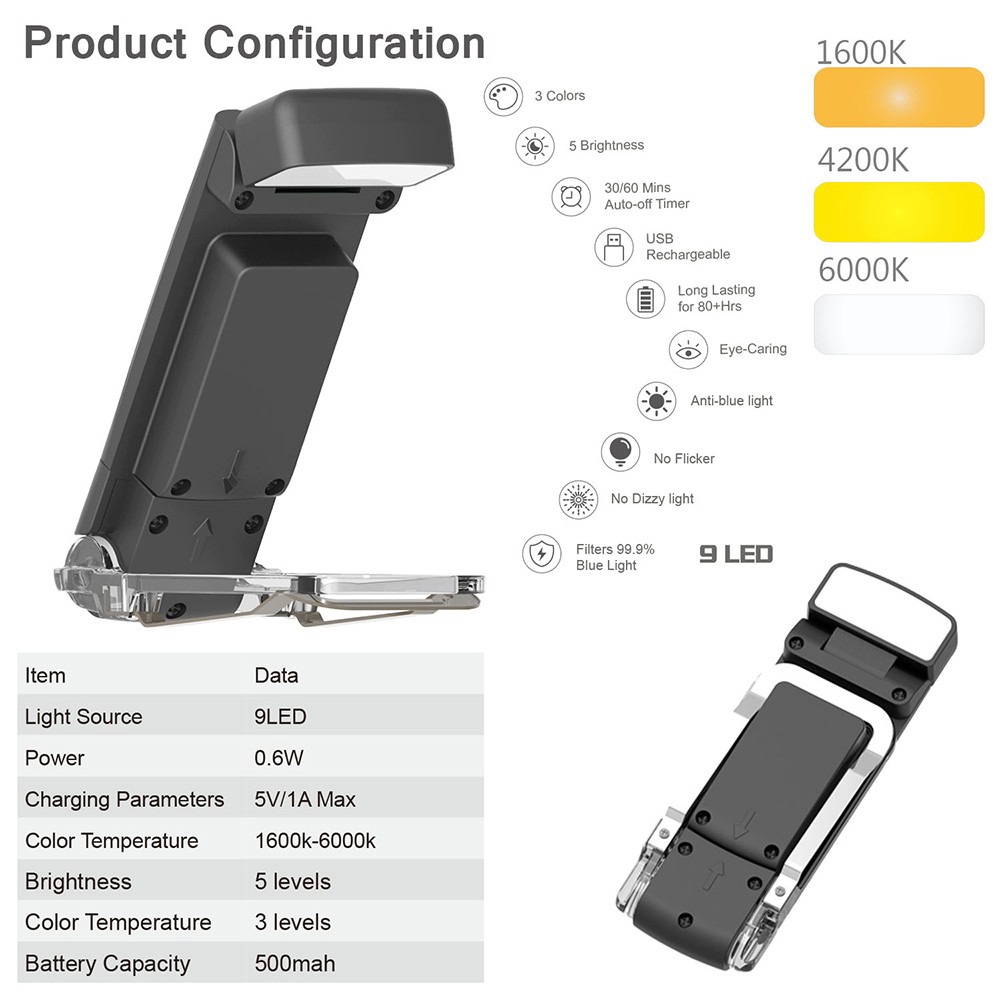 9 LED Mini Book Clip Reading Light, 5 Levels Brightness, 1600-6000K Color Temperature, 500mAh Battery - Black