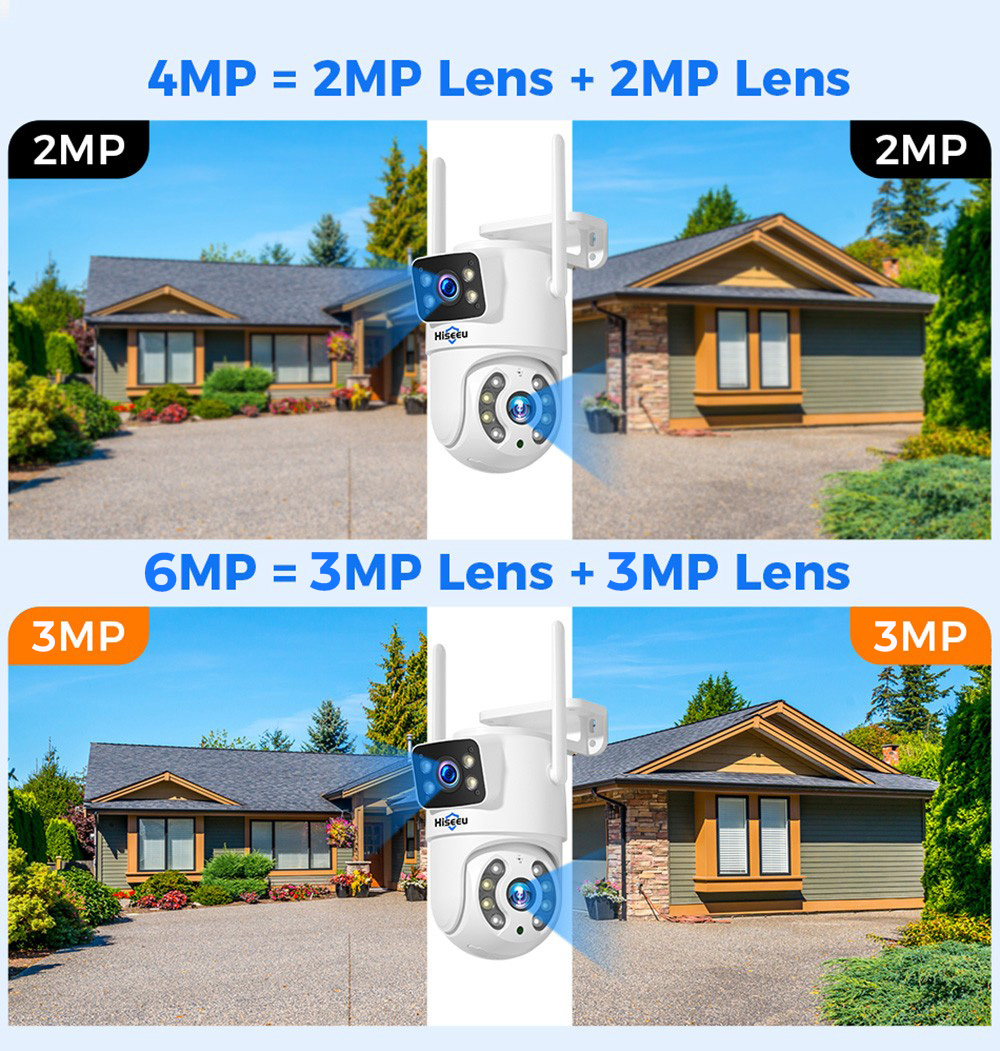 Hiseeu 4K 6MP Outdoor WiFi Camera, Dual Lens, Double Screen, 2-way Audio, Color Night Vision, Auto Tracking, AI Human Detection, IP66 Weatherproof, 2.4GHz WiFi