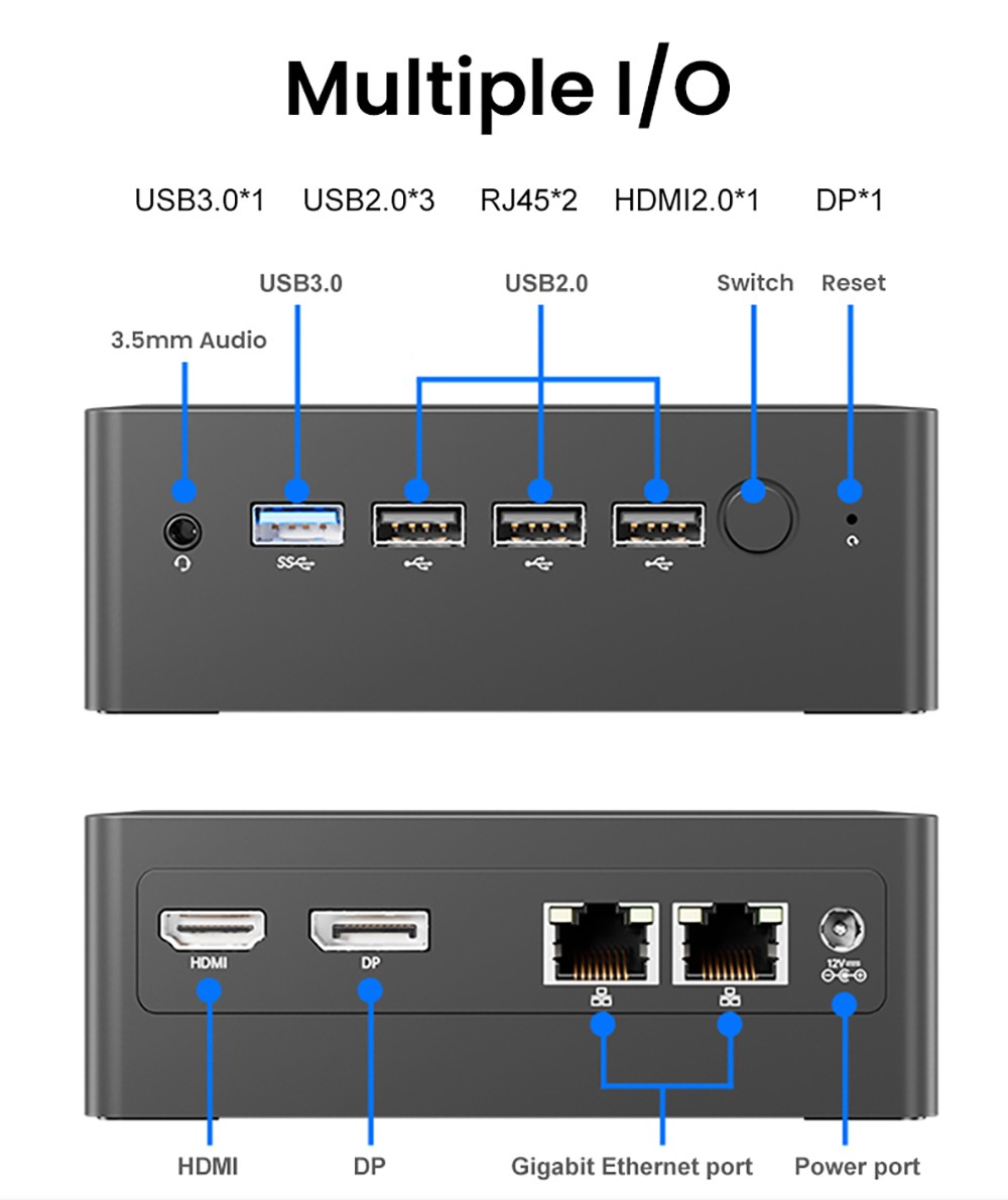 N100 Mini PC, Intel Alder Lake N100 4 Cores Up to 3.40GHz, 1*HDMI+1*DP 4K Dual Display, 16GB RAM 512GB SSD, WiFi 5 Bluetooth 4.2, 1*USB 3.0 3*USB 2.0 2*RJ45 - EU