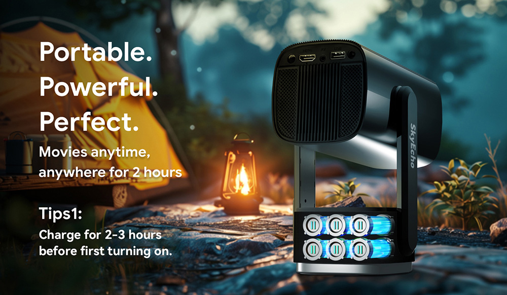 SkyEcho FreeONE Pro Built-in Battery Portable Projector, 5200mAh Battery for 2 Hours Playtime, 350 ANSI Lumens, Native 720P, 270° Gimbal Stand, Auto-Focus, Auto Keystone, Android OS - Black, US Plug