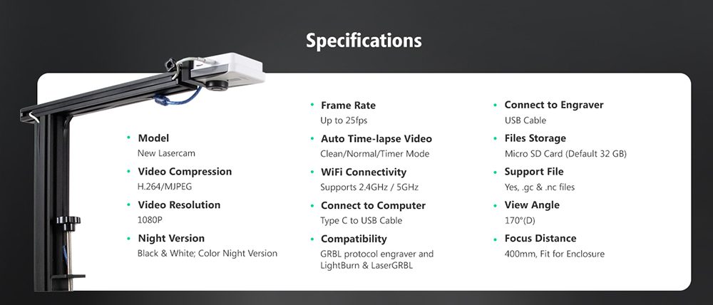 Mintion Lightburn Camera, 1080P Resolution, Fit Into Enclosure,2.4GHz & 5GHz Dual Band WiFi, Remote Monitor and Control, Precise Positioning, Image Tracing, Batch Engraving, Auto Timelapse Video, Lightburn Wireless Bridge