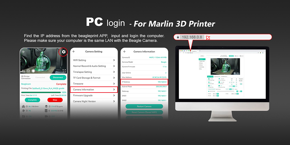 Mintion Beagle V2 3D Printer Camera, Support Klipper, 1080P Video Resolution, Manual Focus, WiFi Remote Control, Auto Time-Lapse Video, Electronic Zoom, Night Vision, PC/Mobile Connection