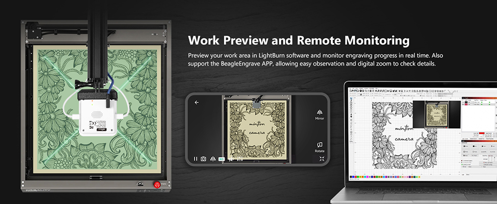 Mintion Lightburn Camera, 1080P Resolution, Fit Into Enclosure,2.4GHz & 5GHz Dual Band WiFi, Remote Monitor and Control, Precise Positioning, Image Tracing, Batch Engraving, Auto Timelapse Video, Lightburn Wireless Bridge