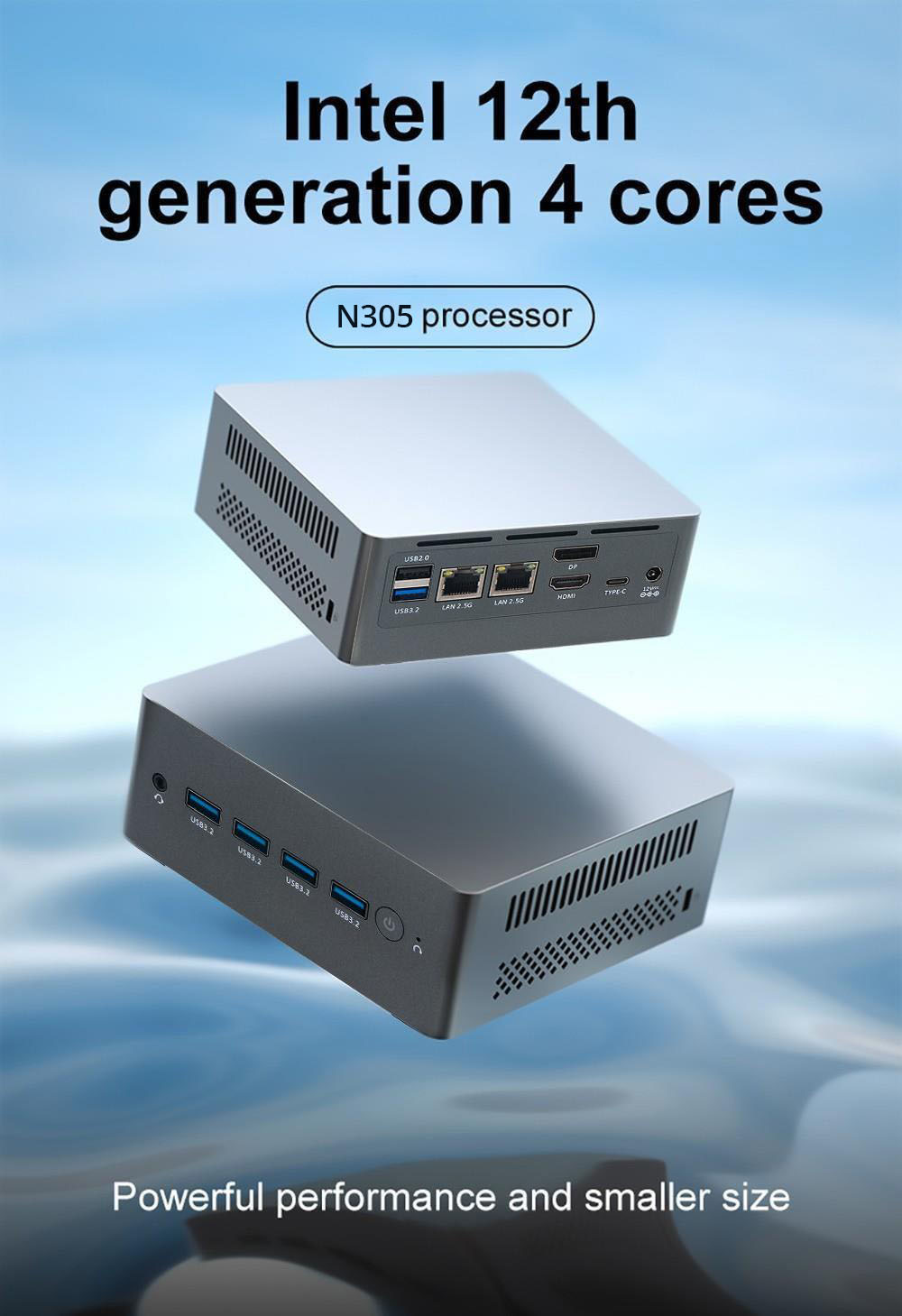 N9N Pro Mini PC, Intel Core i3-N305 4 Cores Up to 3.40GHz, 16GB RAM 512GB SSD, 1*HDMI+1*DP 4K Dual Display, WiFi 5 Bluetooth 4.2, 5*USB3.2 1*USB2.0 1*Tpye-C 2*RJ45 1*Audio Jack - EU