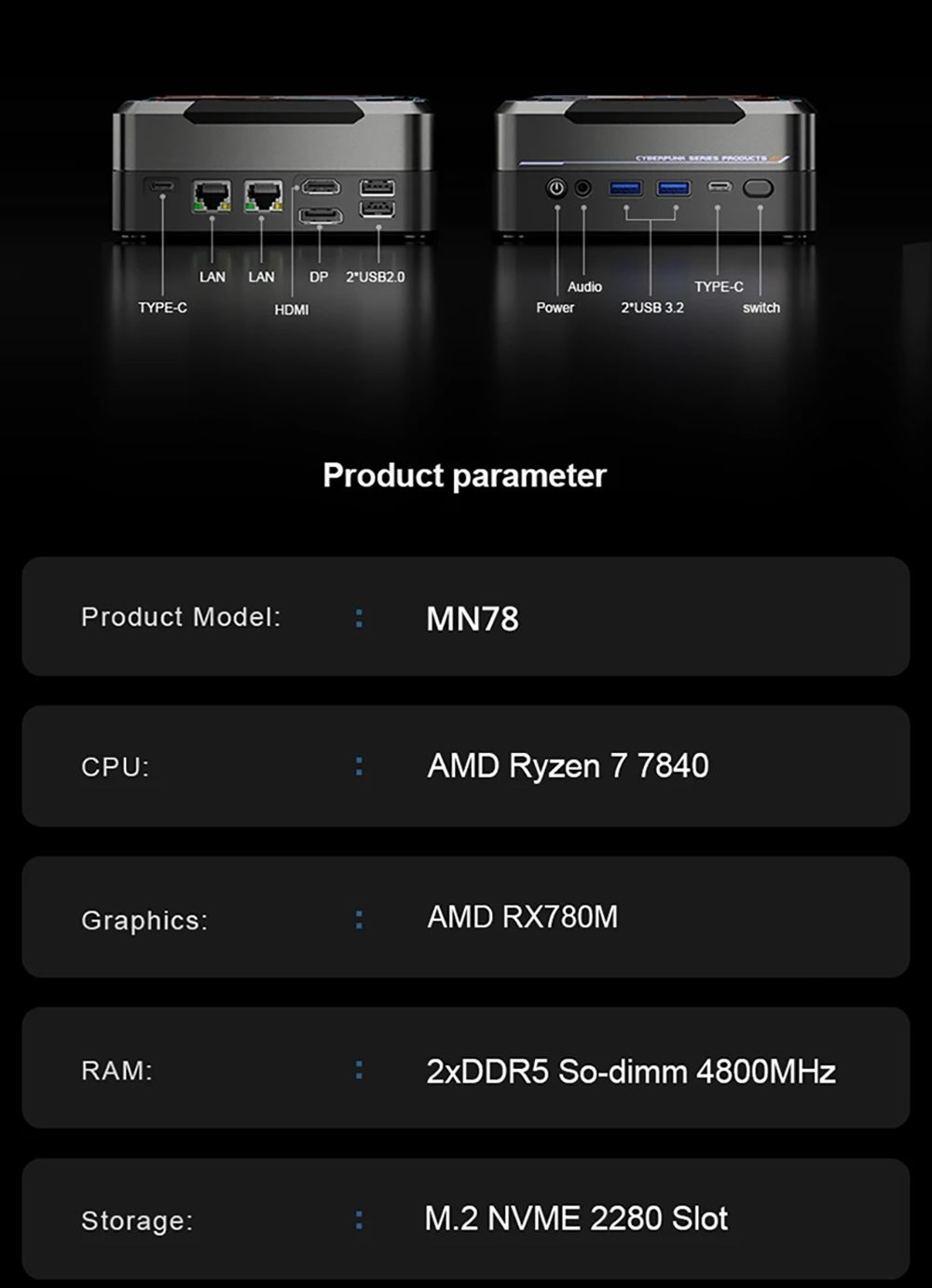 MN78 Gaming Mini PC with RGB Light, AMD Ryzen 7 7840HS Octa-Core 16 Threads Up to 5.1GHz, 32GB DDR5 RAM 1TB M.2 SSD, Windows 11 Pro, WiFi6 Bluetooth5.2, HDMI USB4 DP 4K@60Hz Triple Display, USB4*1 USB3.2*2 USB2.0*2 HDMI*1 LAN*2 - Black, EU