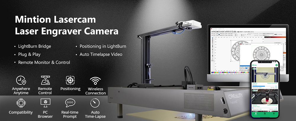 Mintion Lightburn Camera, 1080P Resolution, Fit Into Enclosure,2.4GHz & 5GHz Dual Band WiFi, Remote Monitor and Control, Precise Positioning, Image Tracing, Batch Engraving, Auto Timelapse Video, Lightburn Wireless Bridge