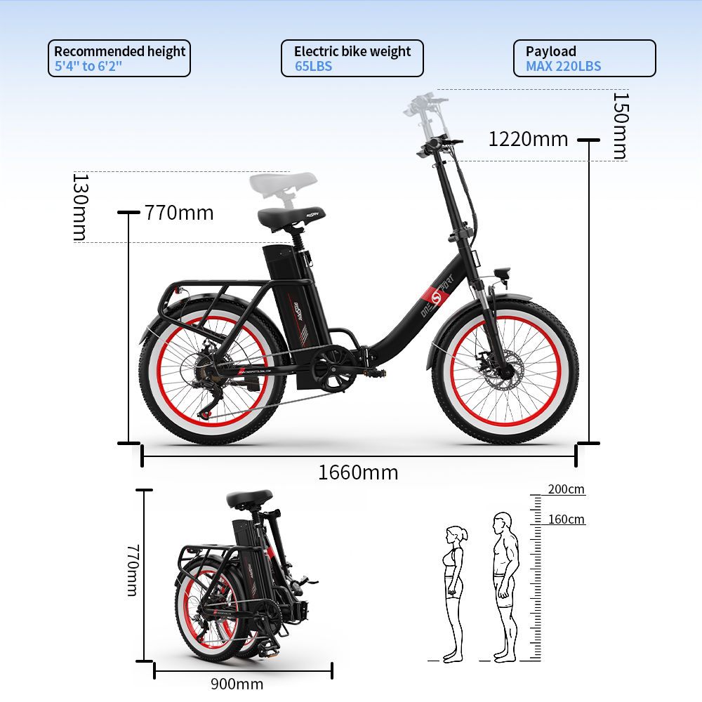ONESPORT OT16 Upgraded Edition Electric Bike 20*3.0 inch Tires, 48V 17Ah Battery 25km/h Max Speed 3 Riding Modes 7-Speeds Disc Brakes - Black&Red