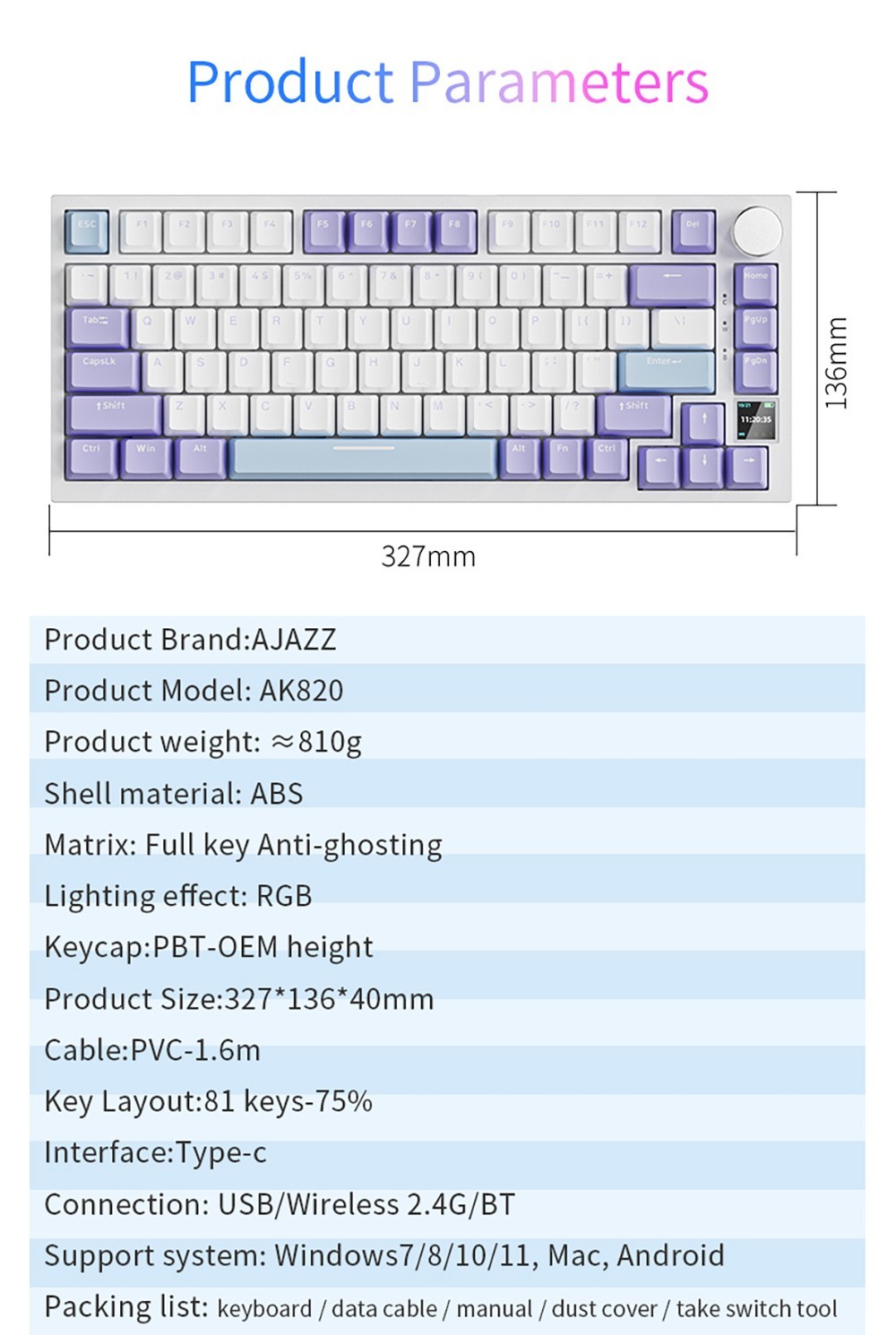 Ajazz AK820 Pro Gift Switch Mechanical Keyboard with TFT Smart Display, Three Connection Modes - Grey